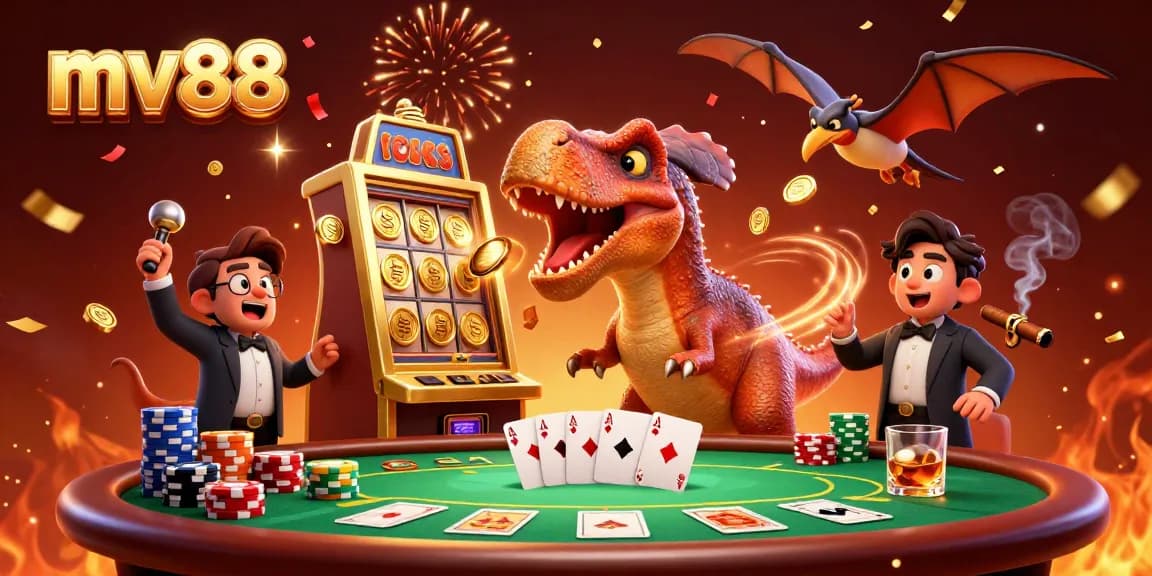 Experience jackpots at mv88 with scene featuring a pachycephalosaurus and celebratory casino elements.