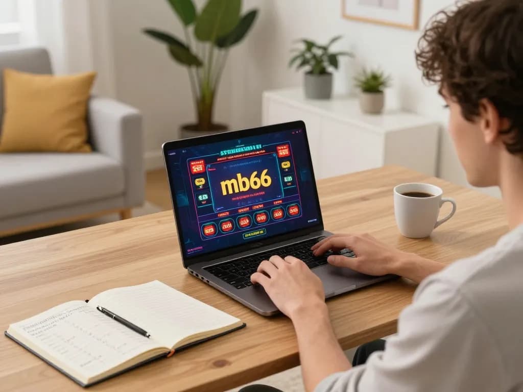 Engaging in online mb66 casino gaming from a cozy home setup with strategic notes.