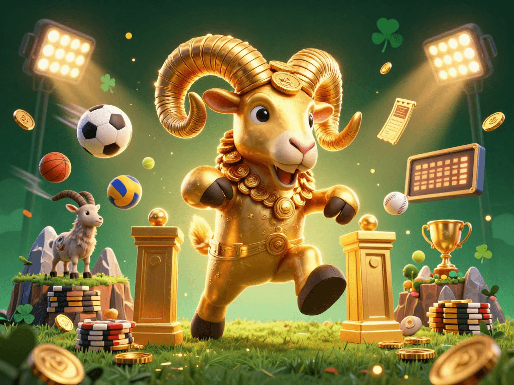 Engage with dabet's thrilling sports atmosphere featuring a golden ram charging into a vibrant scene.