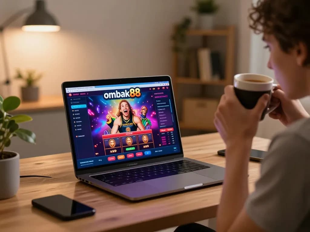 Pengalaman permainan yang menarik di kasino online ombak88, menampilkan interaksi pengguna dengan antarmuka yang vibrant.