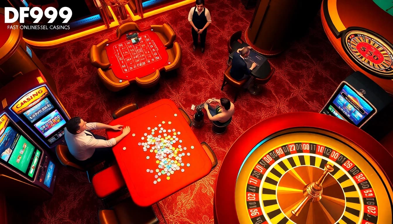Experience the excitement of DF999 with a vibrant online casino scene featuring poker chips, roulette wheels, and dynamic gaming.