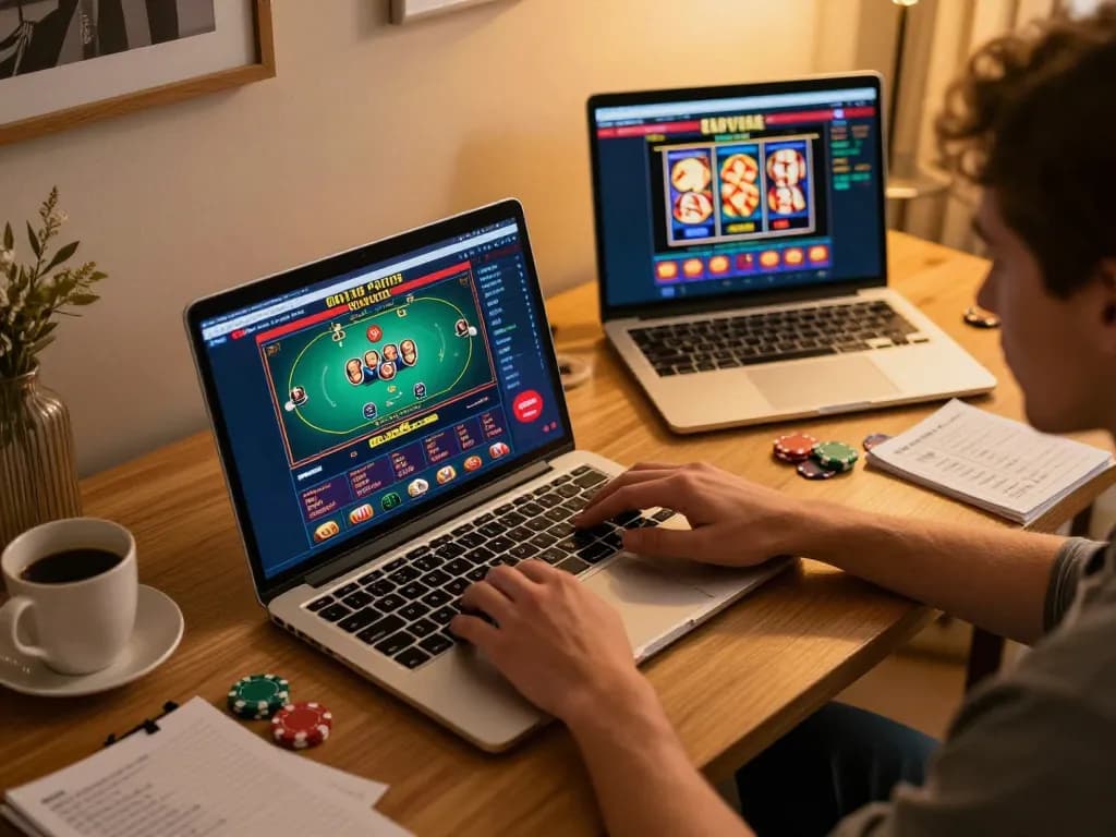 Tg88 player strategizing online casino gameplay with laptop and game interface