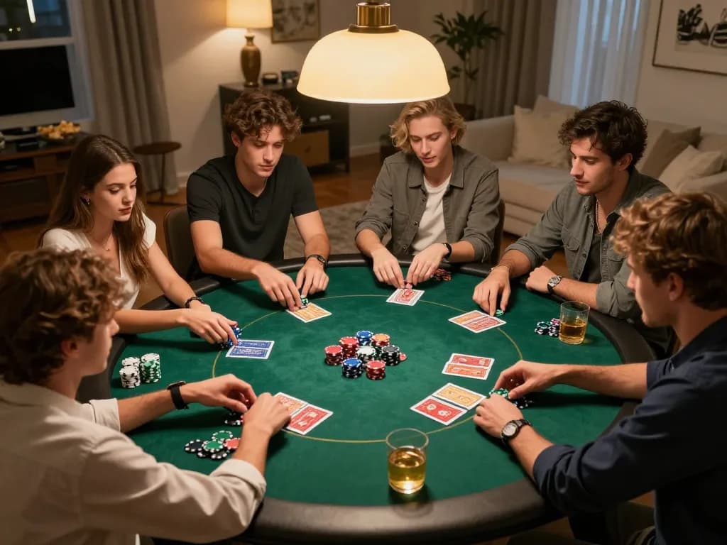kp88 players enjoying a spirited poker game at home, surrounded by vibrant chips and community cards.