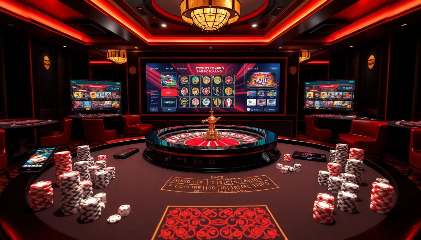 Experience the thrill of gambling at https://abc88.app/ with an upscale roulette table and mobile game displays.