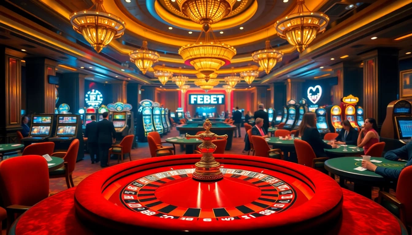 Players placing bets at FEBET's vibrant gaming tables in a luxurious casino atmosphere.