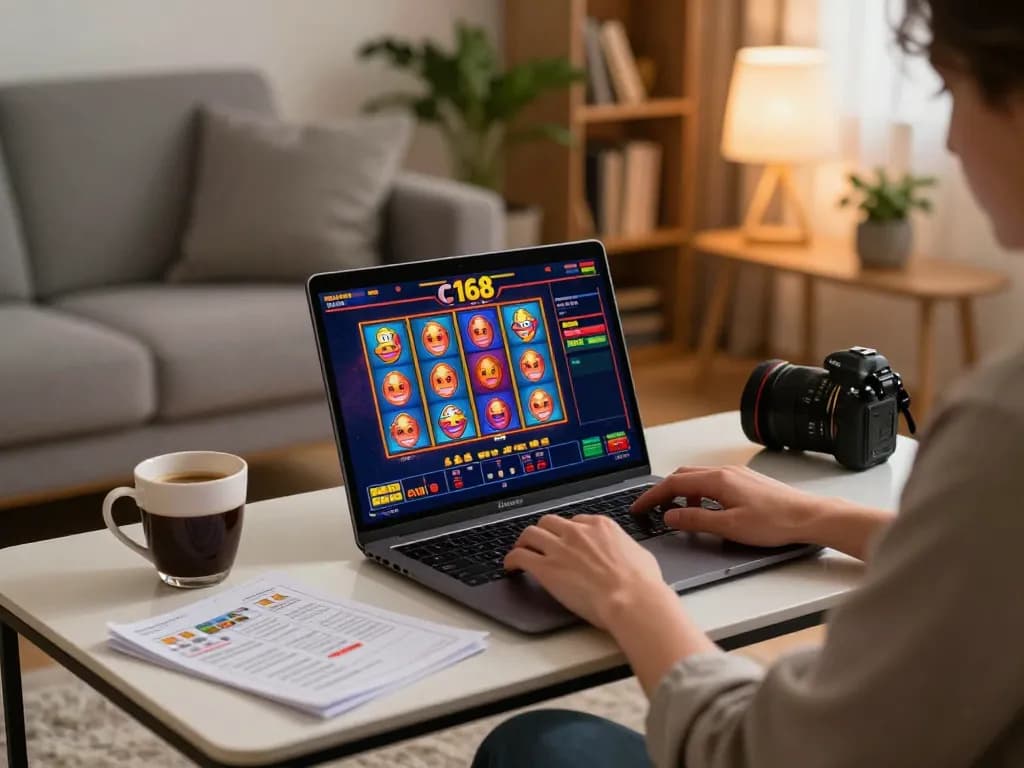 Engaging in online casino gaming with c168 interface on laptop in a cozy home setup.