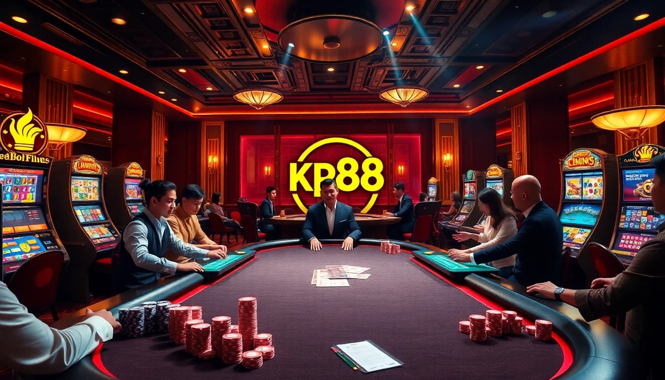 Experience the excitement of gambling at https://kp88.social/ with a luxurious casino scene featuring live dealers.