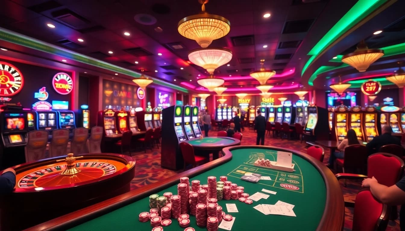 Experience the excitement at https://nk88.sa.com/ with vibrant casino visuals featuring roulette and slot machines.