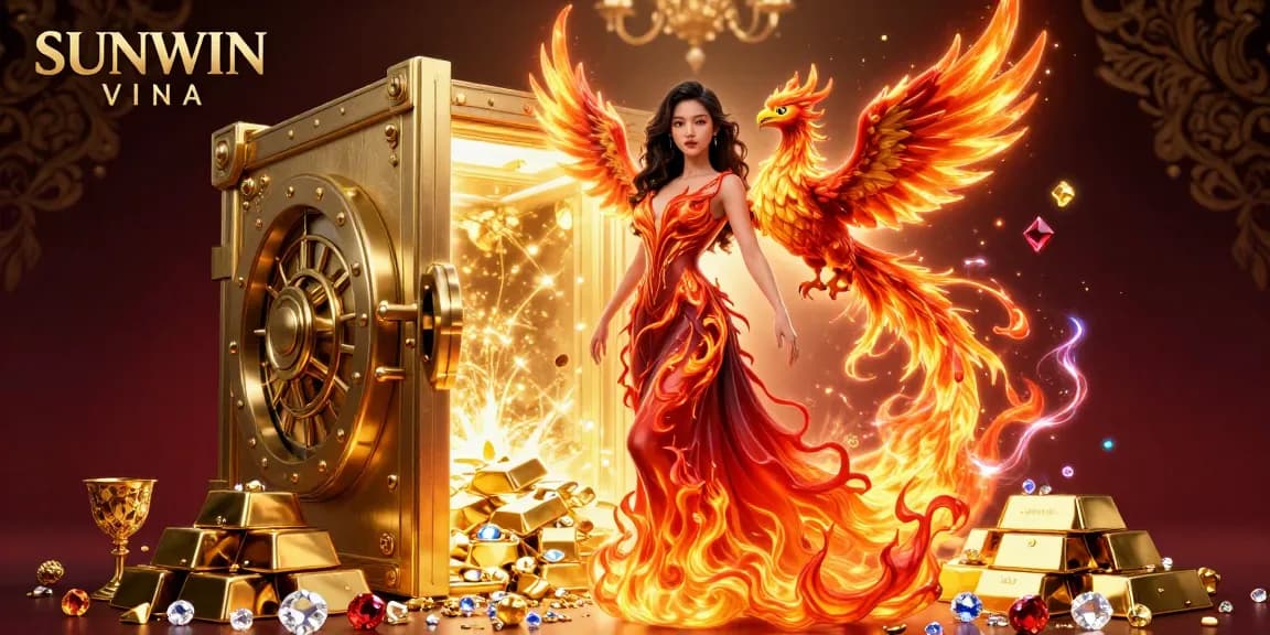 SUNWIN VINA presents an electrifying illustration of a fiery Asian woman with a phoenix, surrounded by golden treasures and casino elements.