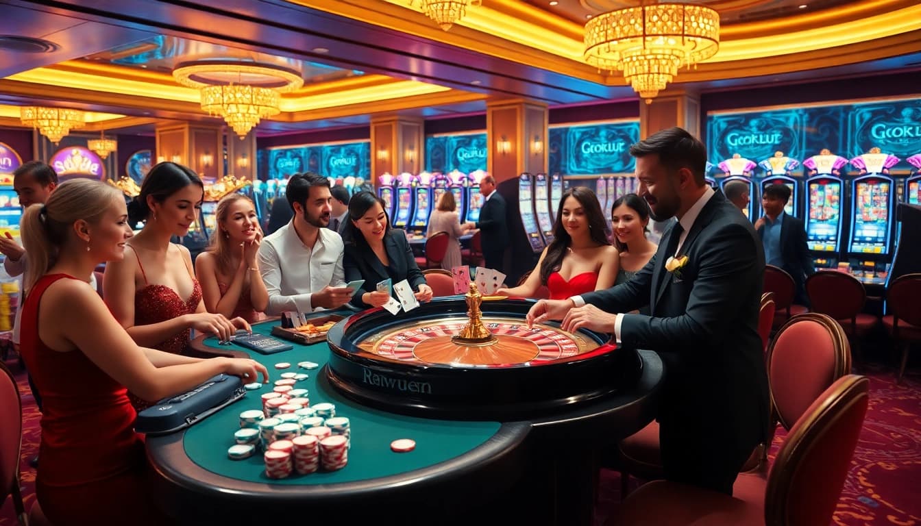 Players enjoying thrilling games at the GameQueen casino with vibrant tables and engaging dealers.