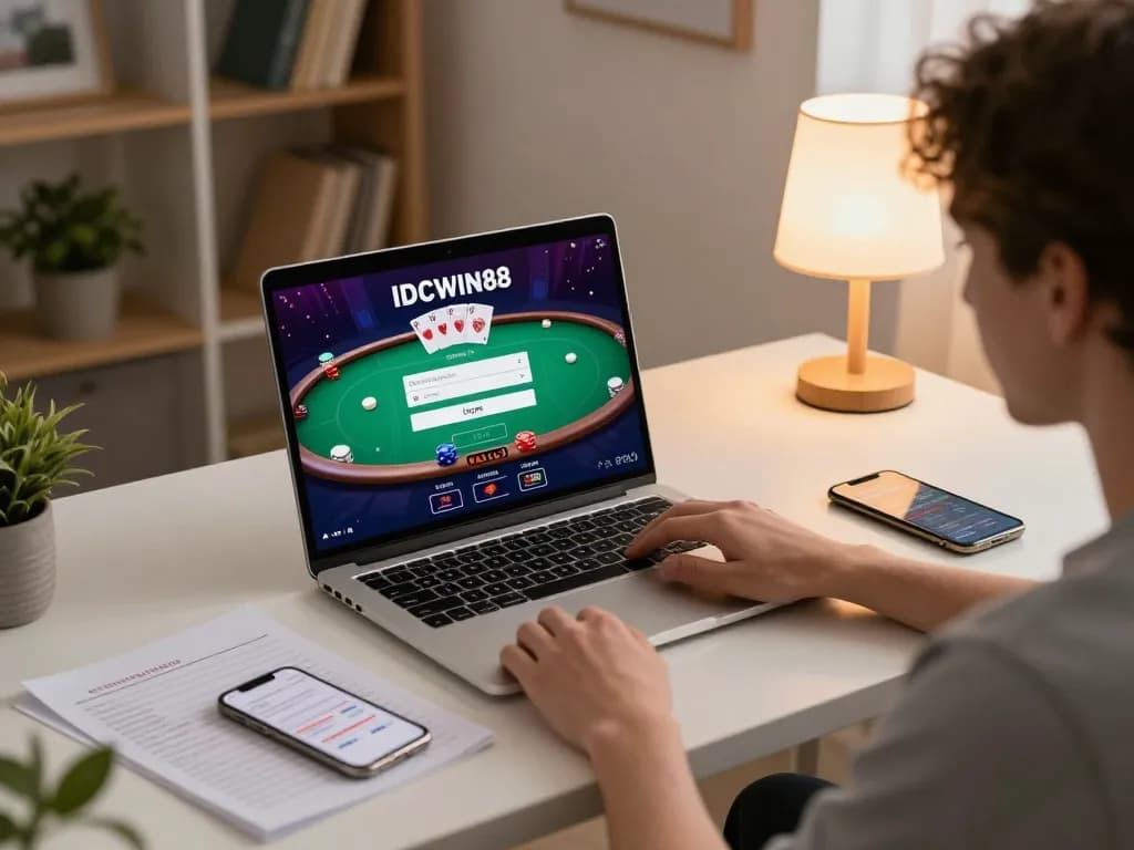 Engaging IDCWIN88 Login screen during strategic online poker gameplay at home.