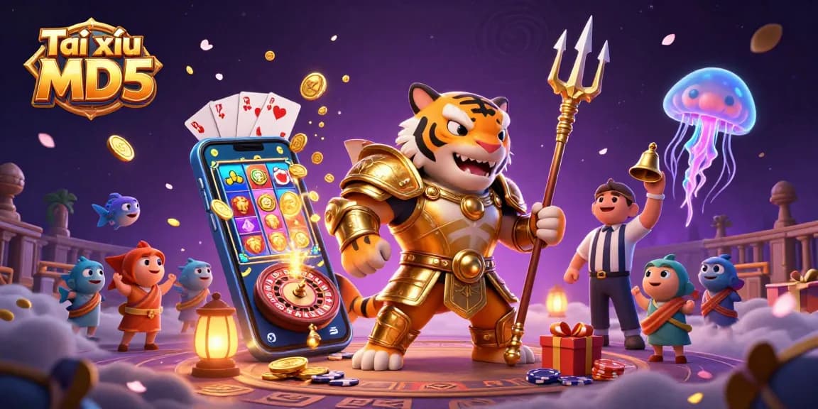 Experience Tài xỉu MD5 gameplay in an underwater colosseum with a tiger shark gladiator, vibrant slot games, and cheering fish.
