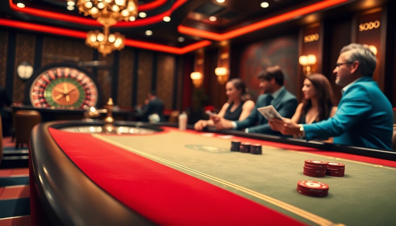 SODO CASINO players engaged in a thrilling poker game at a luxurious table.