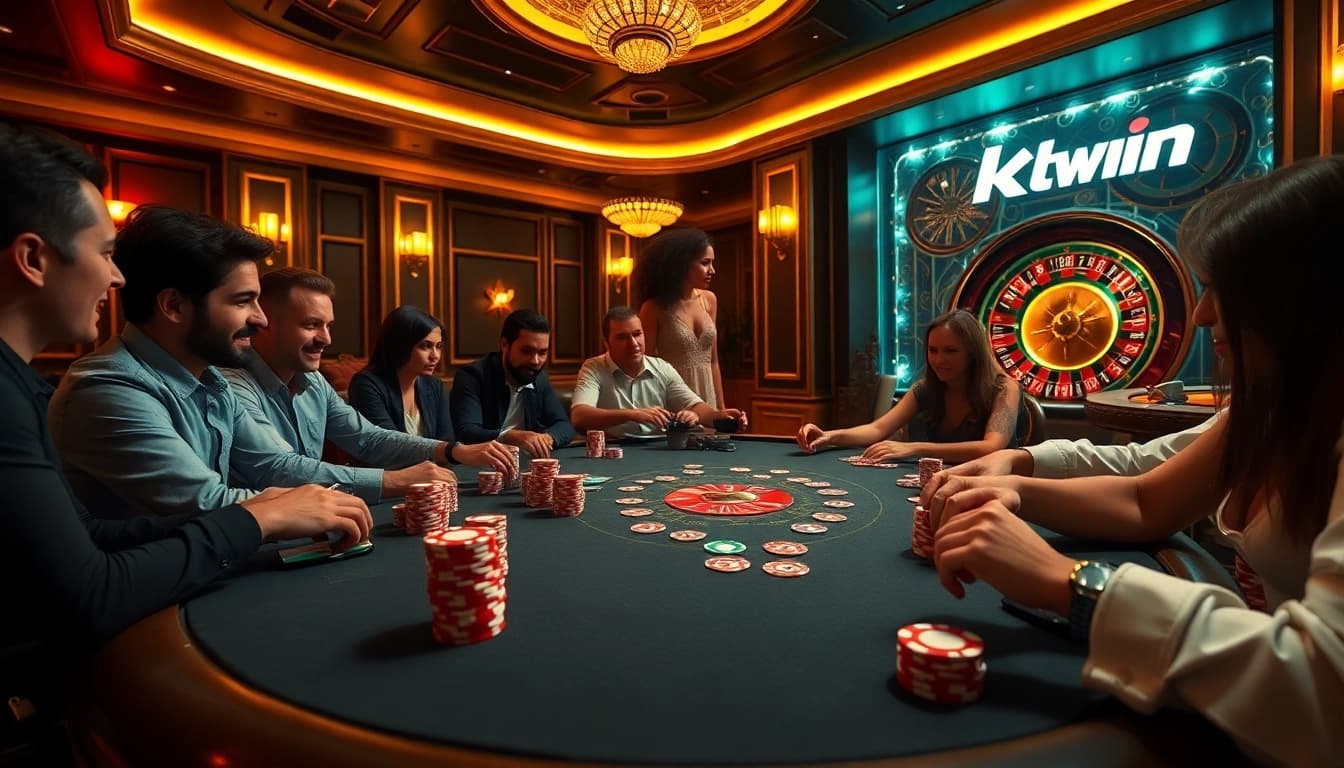 Engage in an exciting game at Kkwin's luxurious casino with vibrant poker tables and colorful chips.
