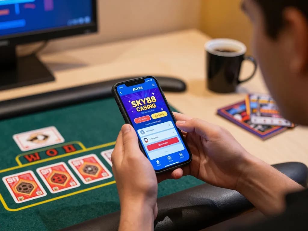 Engaging in live dealer gameplay on SKY88 app, showcasing mobile casino excitement.
