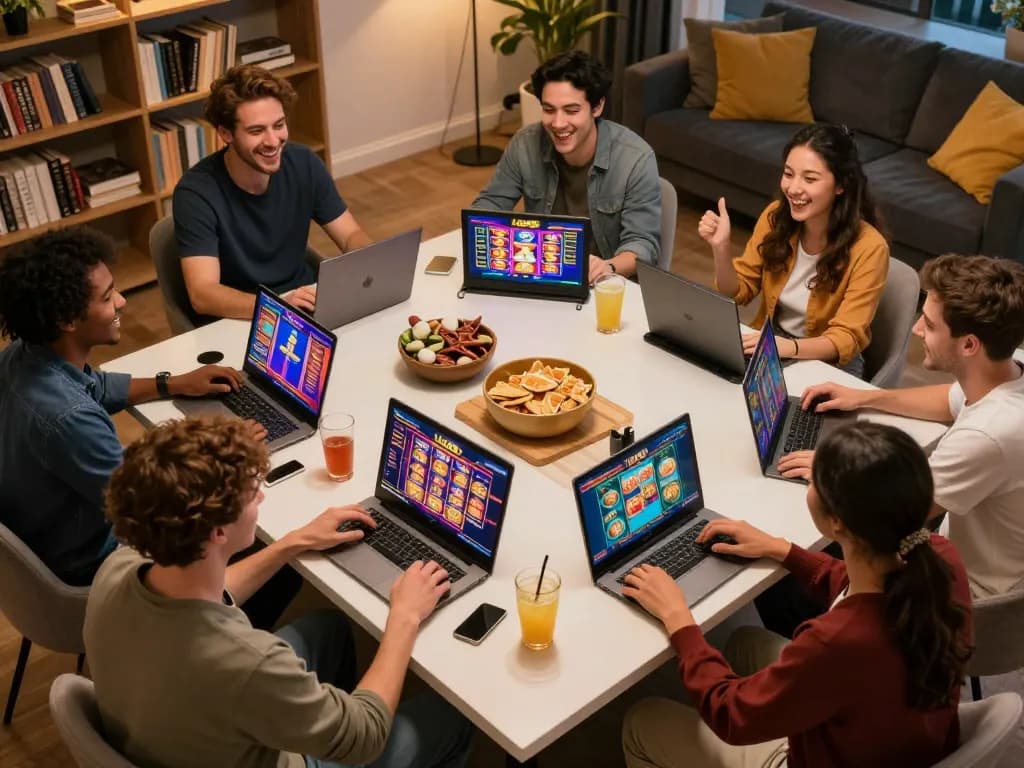 Những người bạn tận hưởng các trò chơi LUCK8 trong một đêm casino trực tuyến thú vị, với màn hình sống động và bầu không khí xã hội.