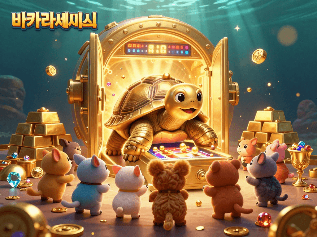 바카라사이트에서 신나는 게임을 즐기기 위해 기다리는 귀여운 동물들과 함께하는 황금 거북이의 일러스트
