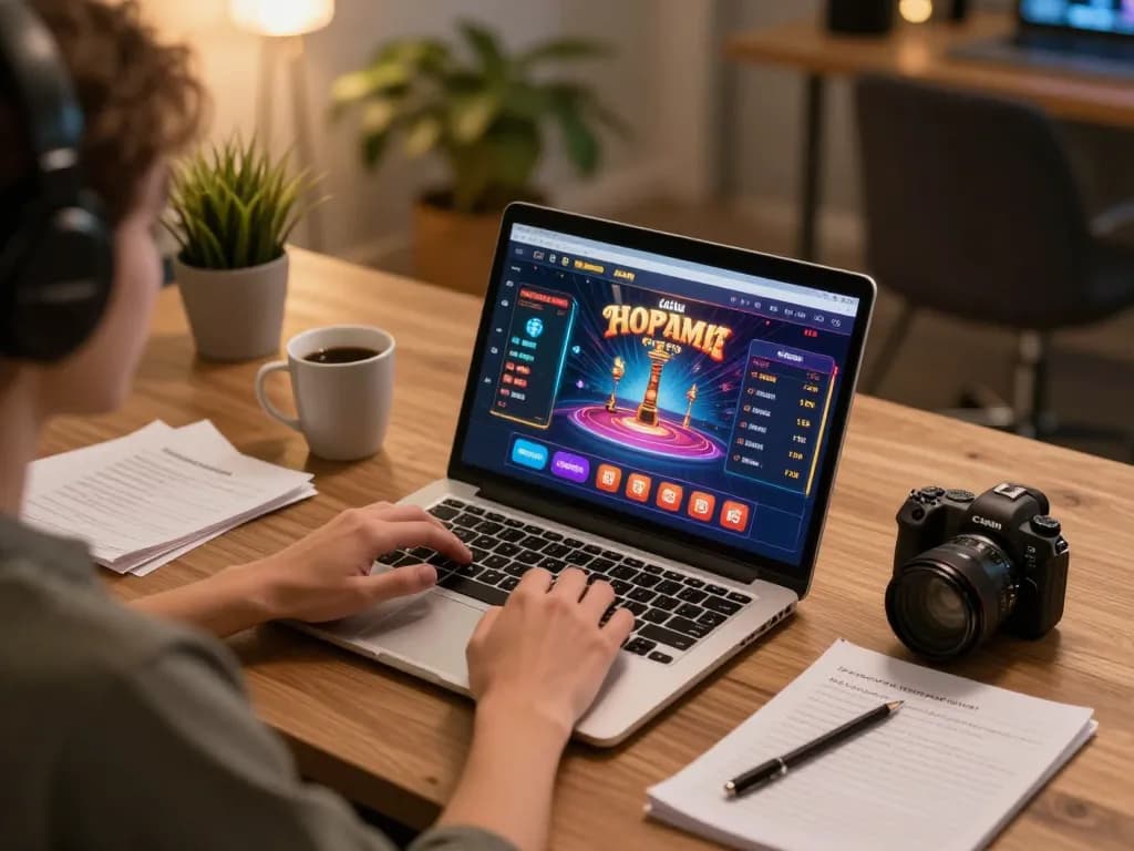 Bermain game kasino online dengan antarmuka platform slovakia-vhs yang ditampilkan di laptop, strategi taruhan yang jelas diperlihatkan.