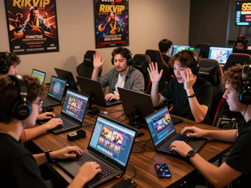 Players celebrating wins and interacting with RIKVIP casino games in a cozy online gaming room.