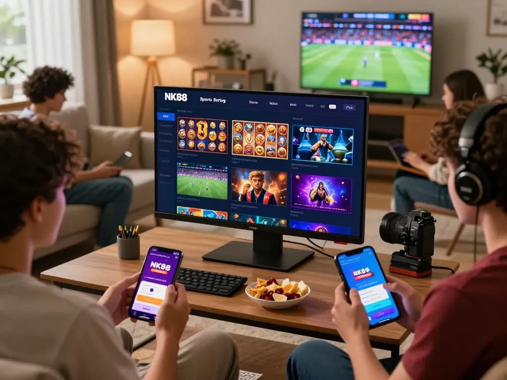Engaging NK88 gaming scene showcasing a diverse group of players enjoying interactive games and sports streaming on multiple devices.