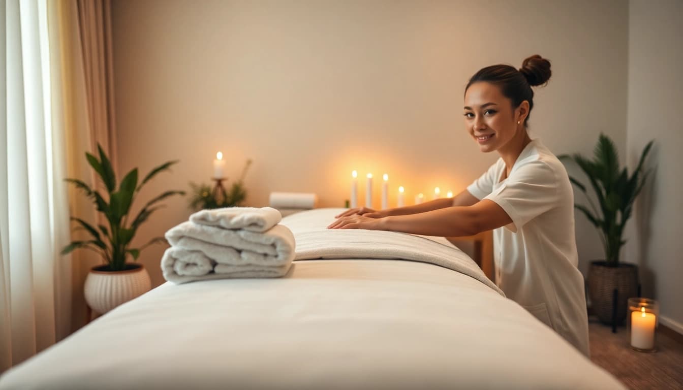 Professional therapist ready to provide a soothing 수원출장마사지 service in a serene home setting.