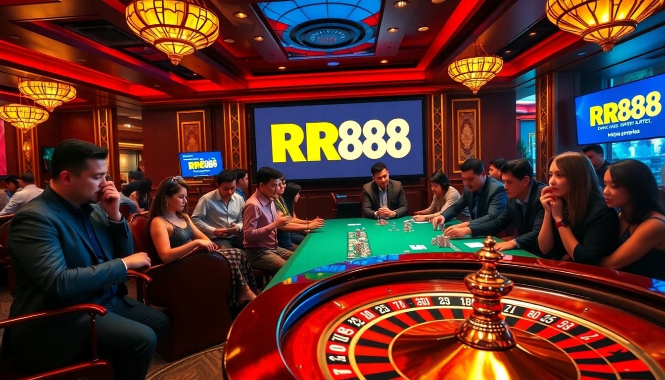 Winning at roulette in a luxurious casino at https://rr88.gratis/ with eager players and vibrant decor.