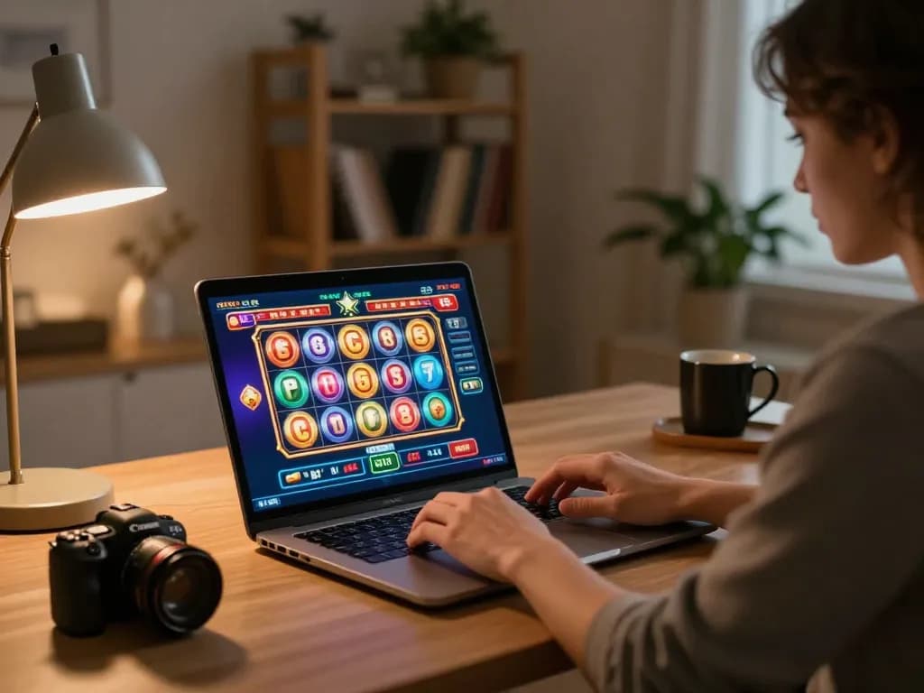 Engaging in online gaming at home with god55 while enjoying colorful slot spins on laptop.