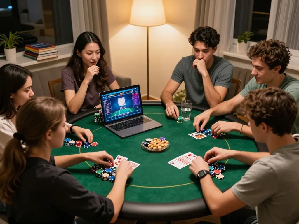 Players enjoying an online poker game at home, showcasing FIVE88 strategies and social interactions.