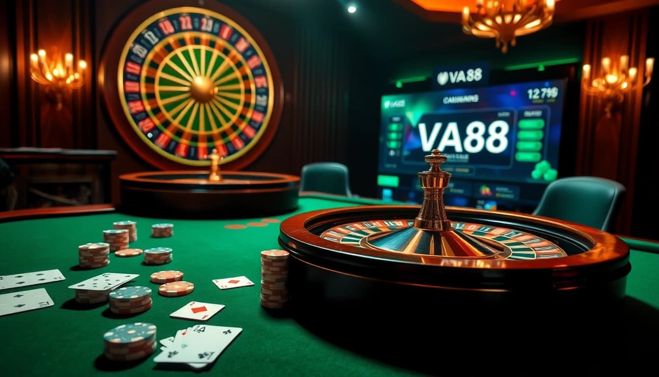 Experience luxury gaming at VA88 with poker chips and roulette wheels set in an exclusive casino environment.