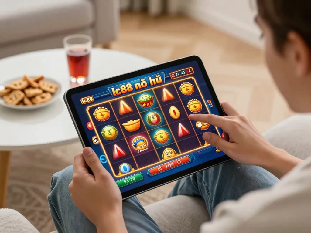 Engaging in lc88 nổ hũ online slot gaming on a tablet, featuring vibrant graphics and user interaction.