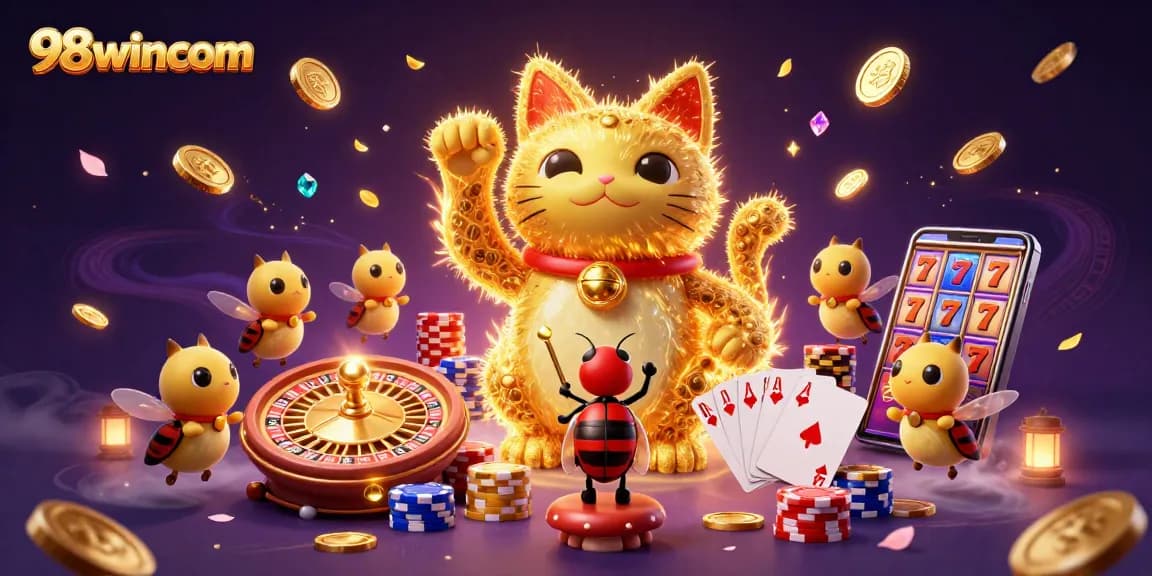 Engage with 98wincom's vibrant casino scene featuring a lucky cat and golden fireflies.