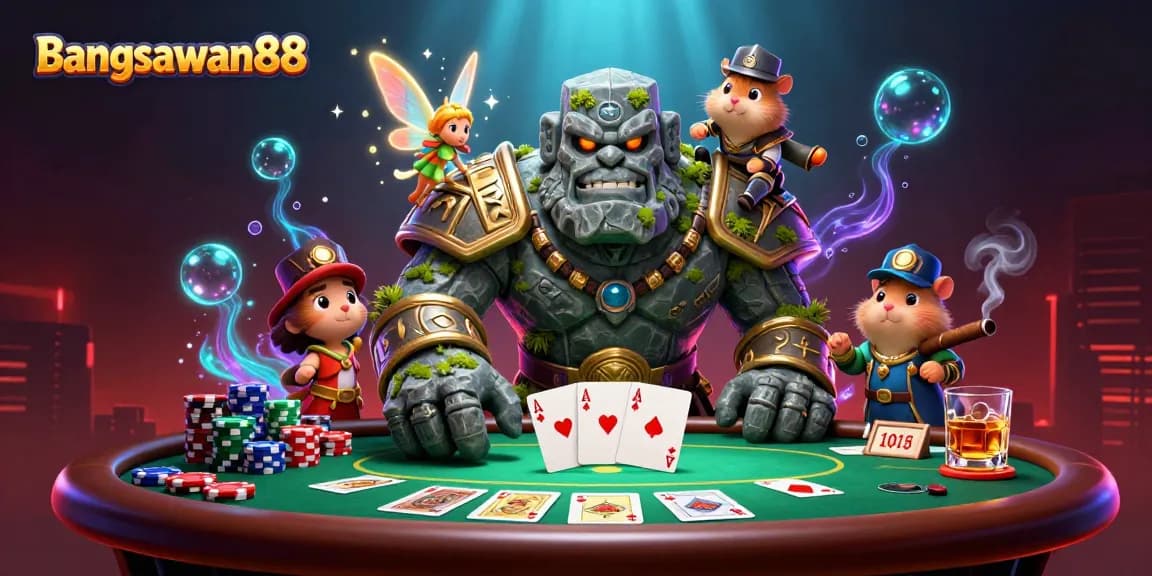Bangsawan88 offers exciting poker action with dynamic characters in a magical casino scene.