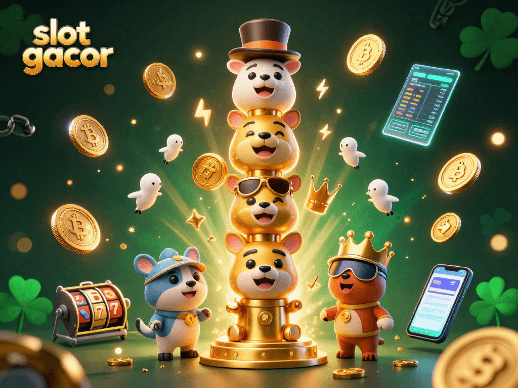 Spin with slot gacor excitement, featuring dazzling 3D totem characters surrounded by crypto and jackpot symbols.