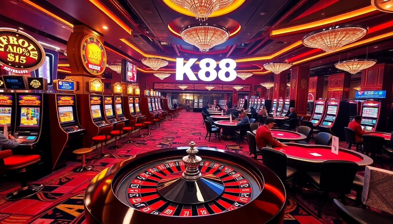 K88 casino players engaging at tables and machines in a vibrant, luxurious gambling environment.