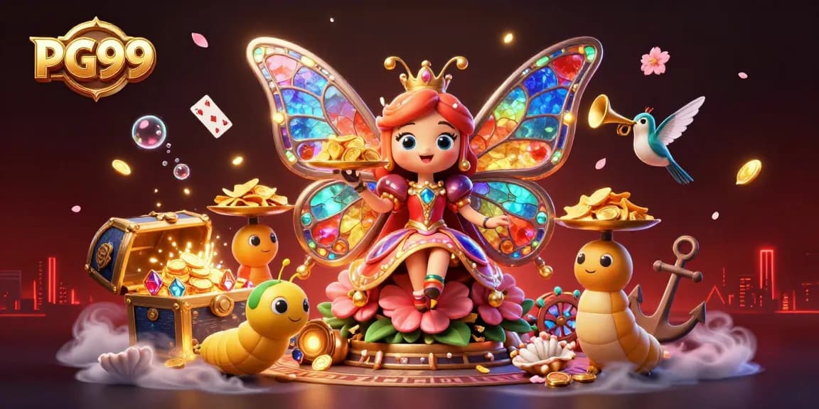 Experience the vibrant games of PG99 with the butterfly queen and colorful casino elements in a dynamic 3D illustration.