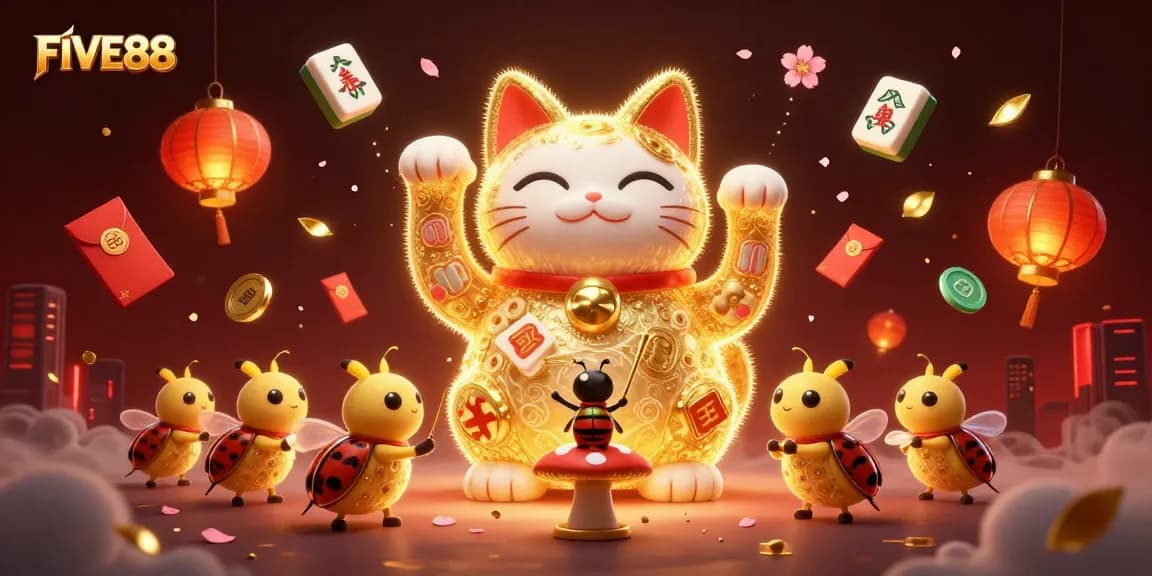 Experience the excitement of FIVE88 with a dynamic illustration of a lucky cat and casino symbols.