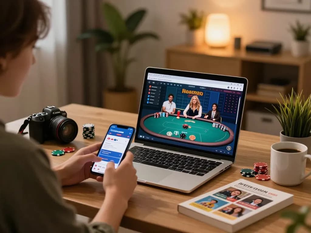Engaging in online poker gameplay at home with tg88 casino app on a laptop.