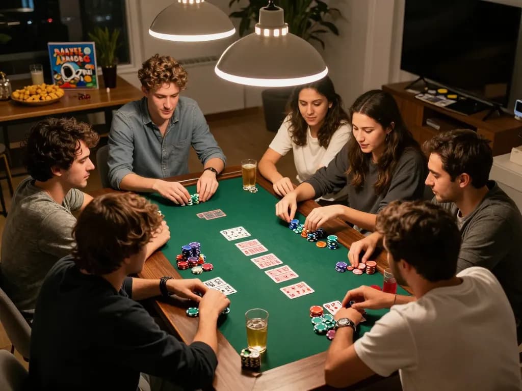 Engaging game night featuring friends playing blackjack, showcasing MPOID Alternative and strategic gameplay.
