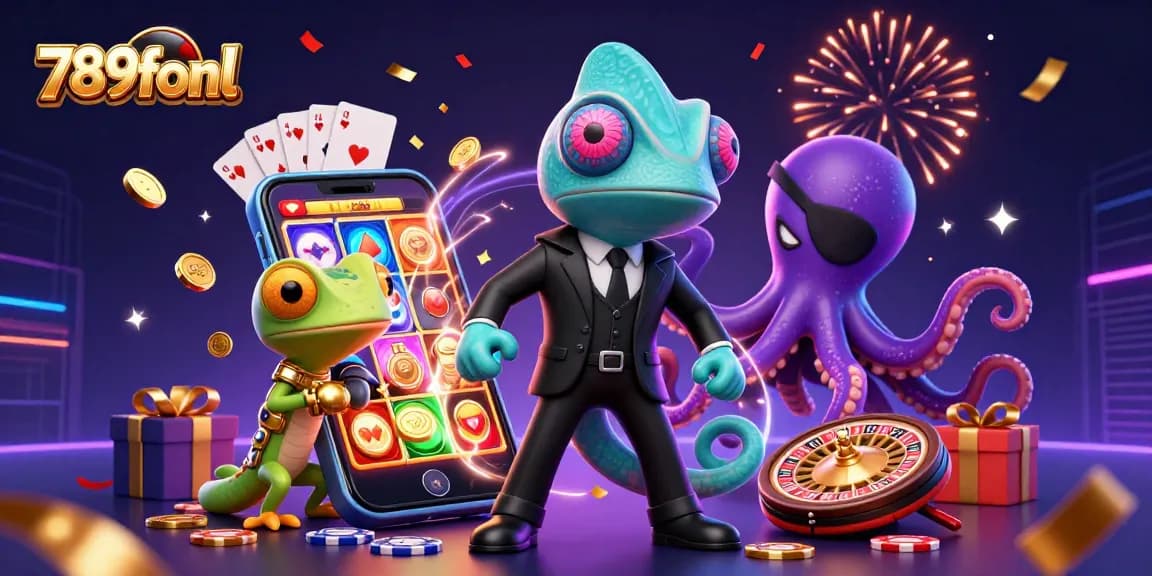 Experience the excitement at 789fonl with a vibrant 3D illustration showcasing casino elements and fun characters.