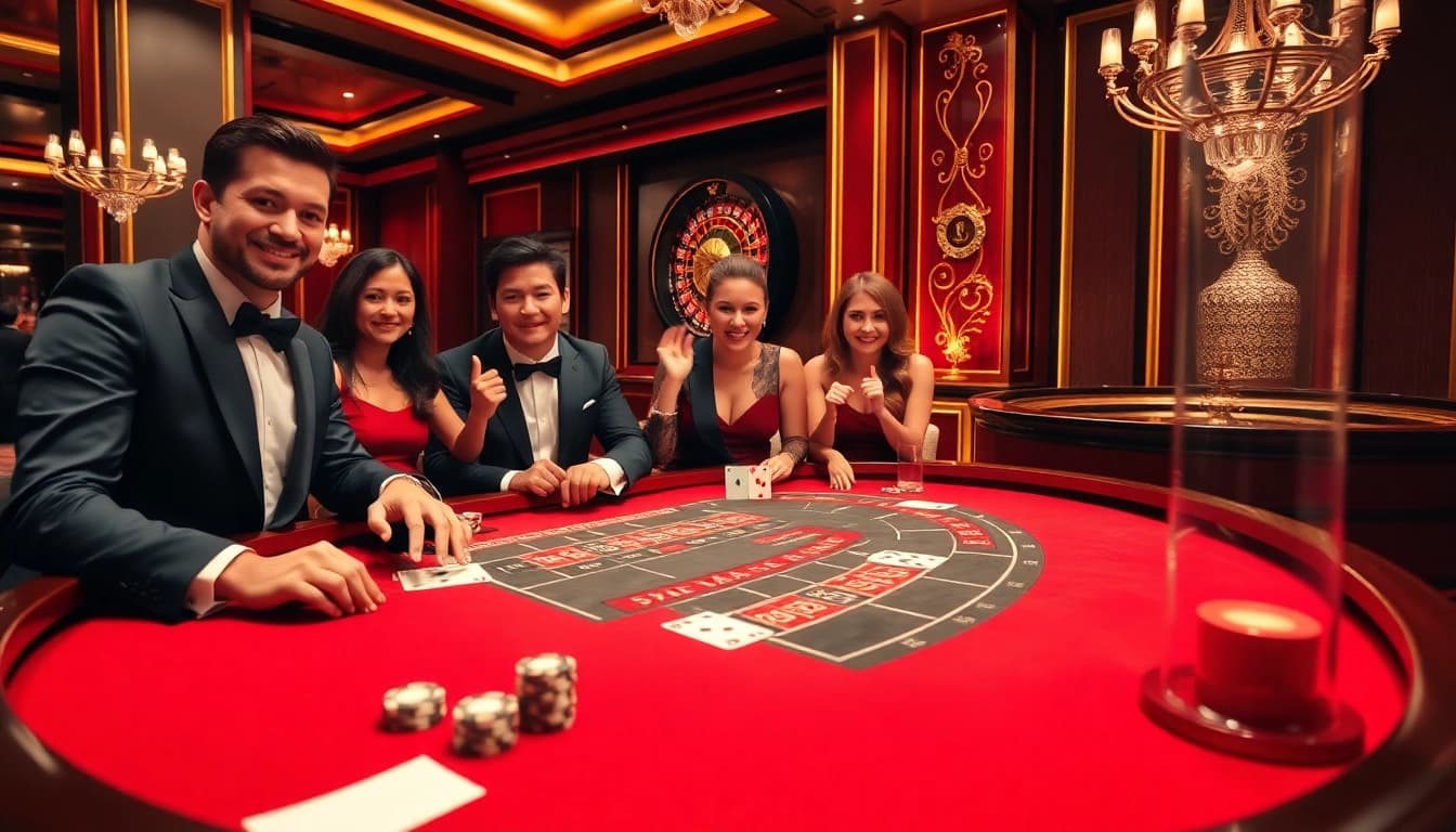 Engaging baccarat players at a luxurious table representing https://xx88.us/ with chips and cards in action.