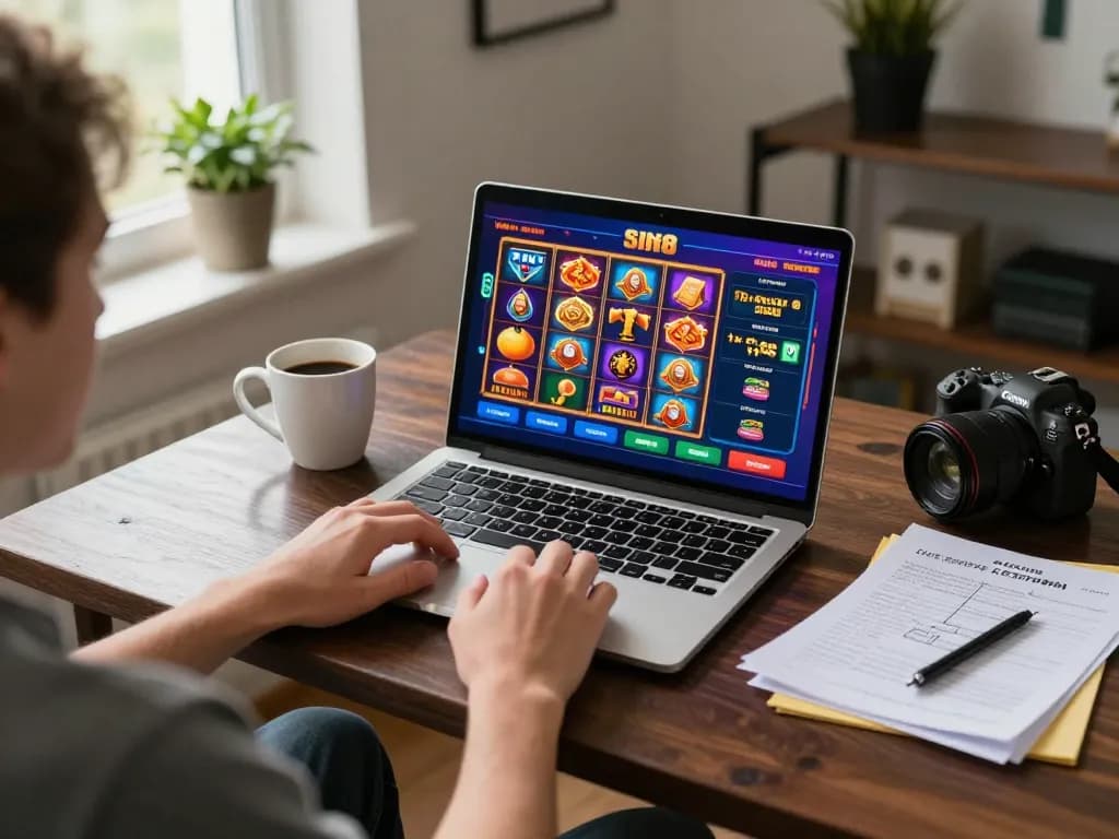 SIN88 player engaging in online casino gaming with vibrant interface on laptop, coffee cup nearby.