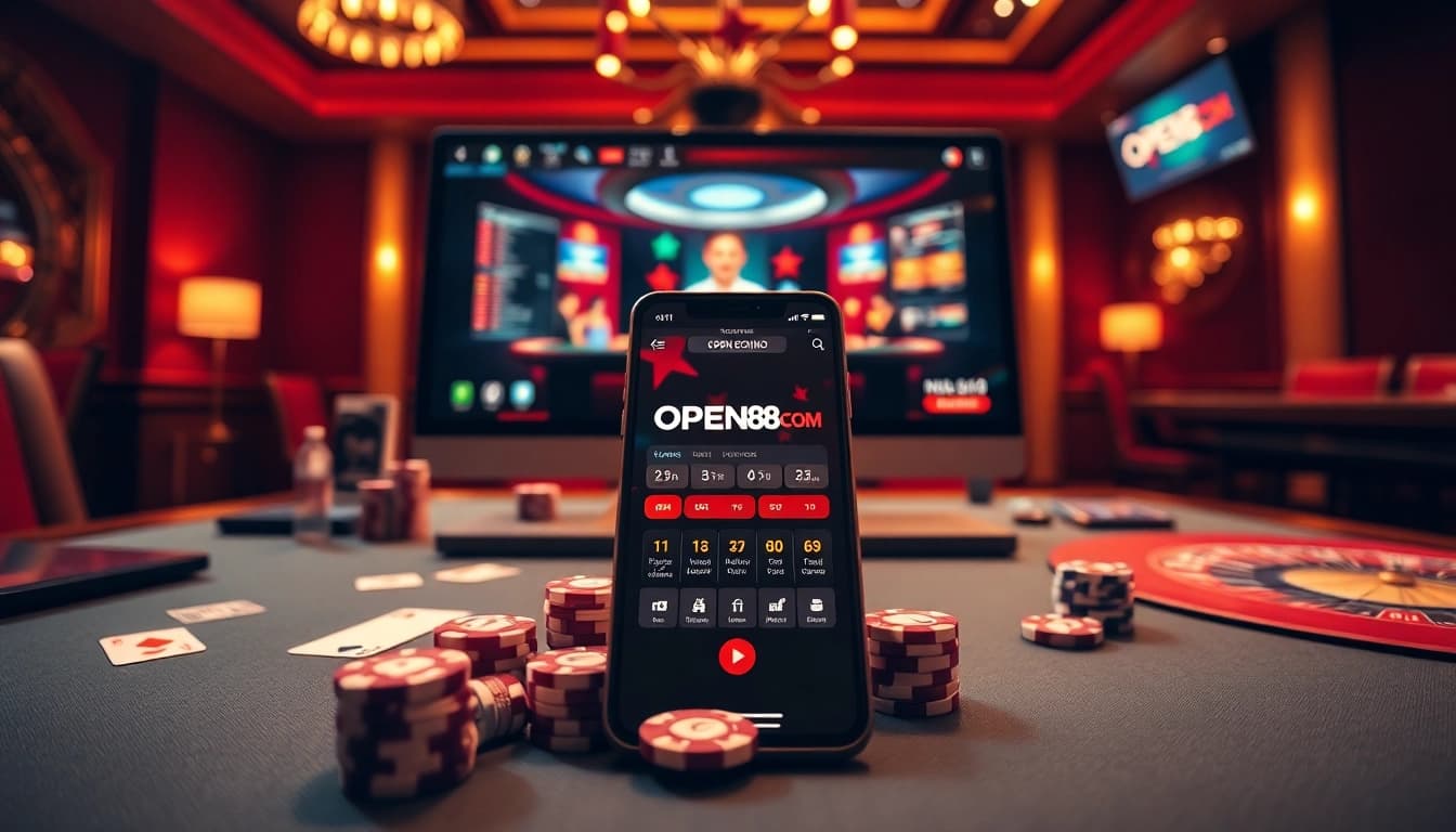 Excited players engaging with OPEN88COM on mobile and desktop in a vibrant casino setting.