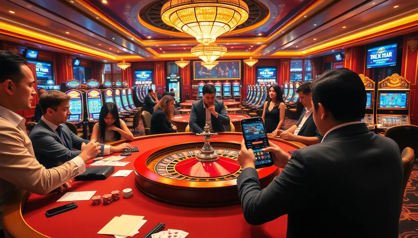 Exciting casino scene showcasing betting activities at nhacaiuytinvn.us.com with luxury tables and players.