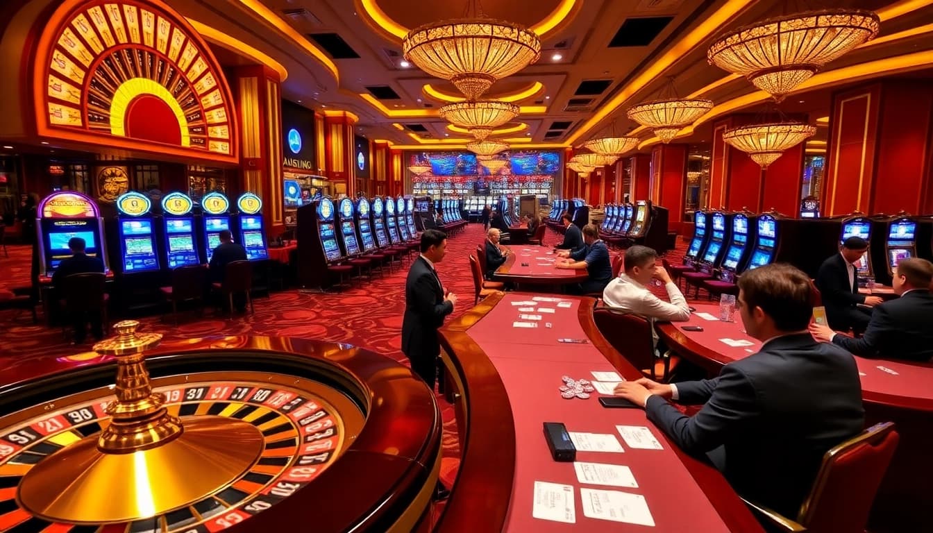 Players enjoying high-stakes games at SODO CASINO, featuring poker tables and vibrant slot machines.