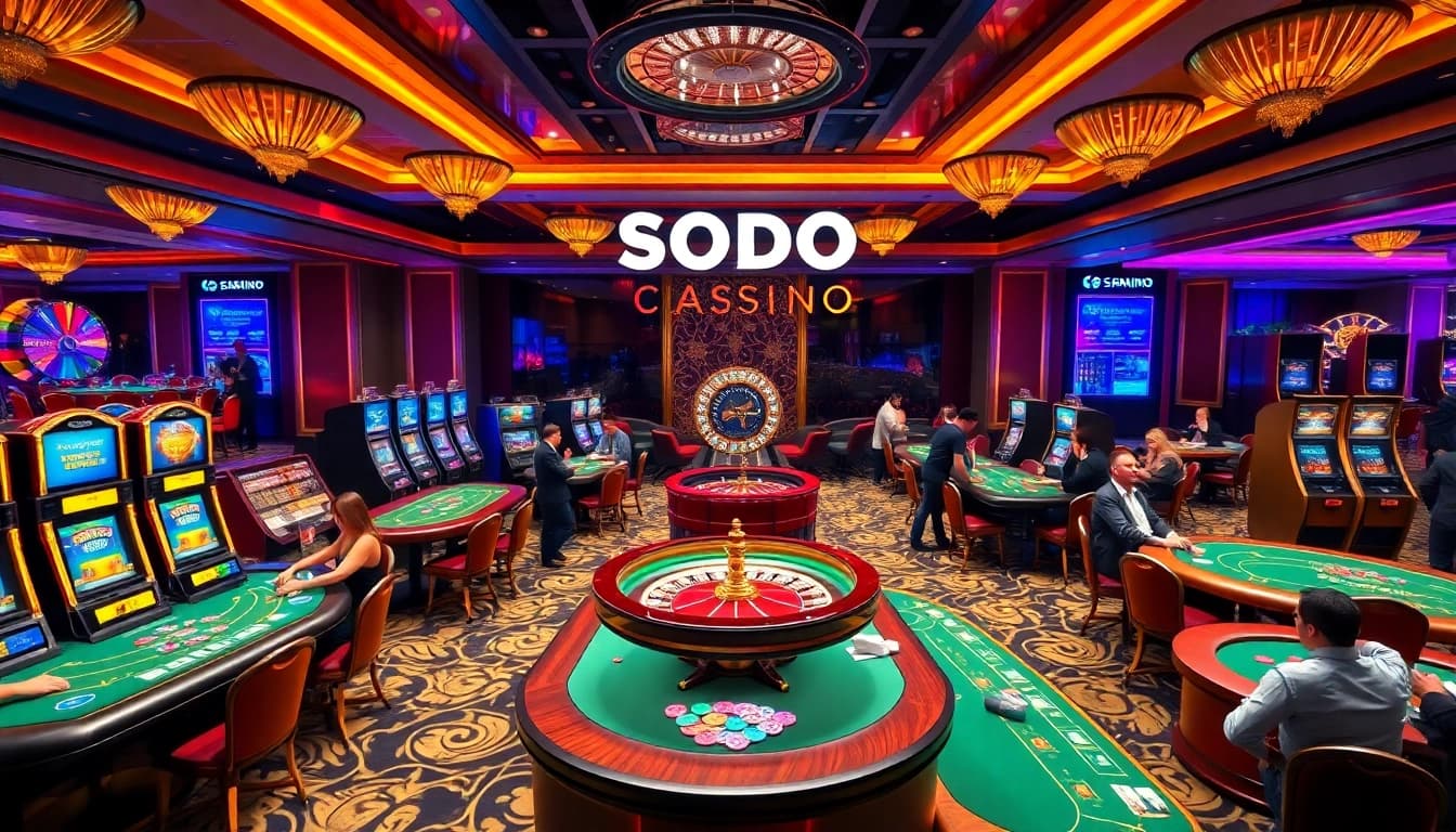 SODO Casino atmosphere featuring lively tables, vibrant slot machines, and excited players.
