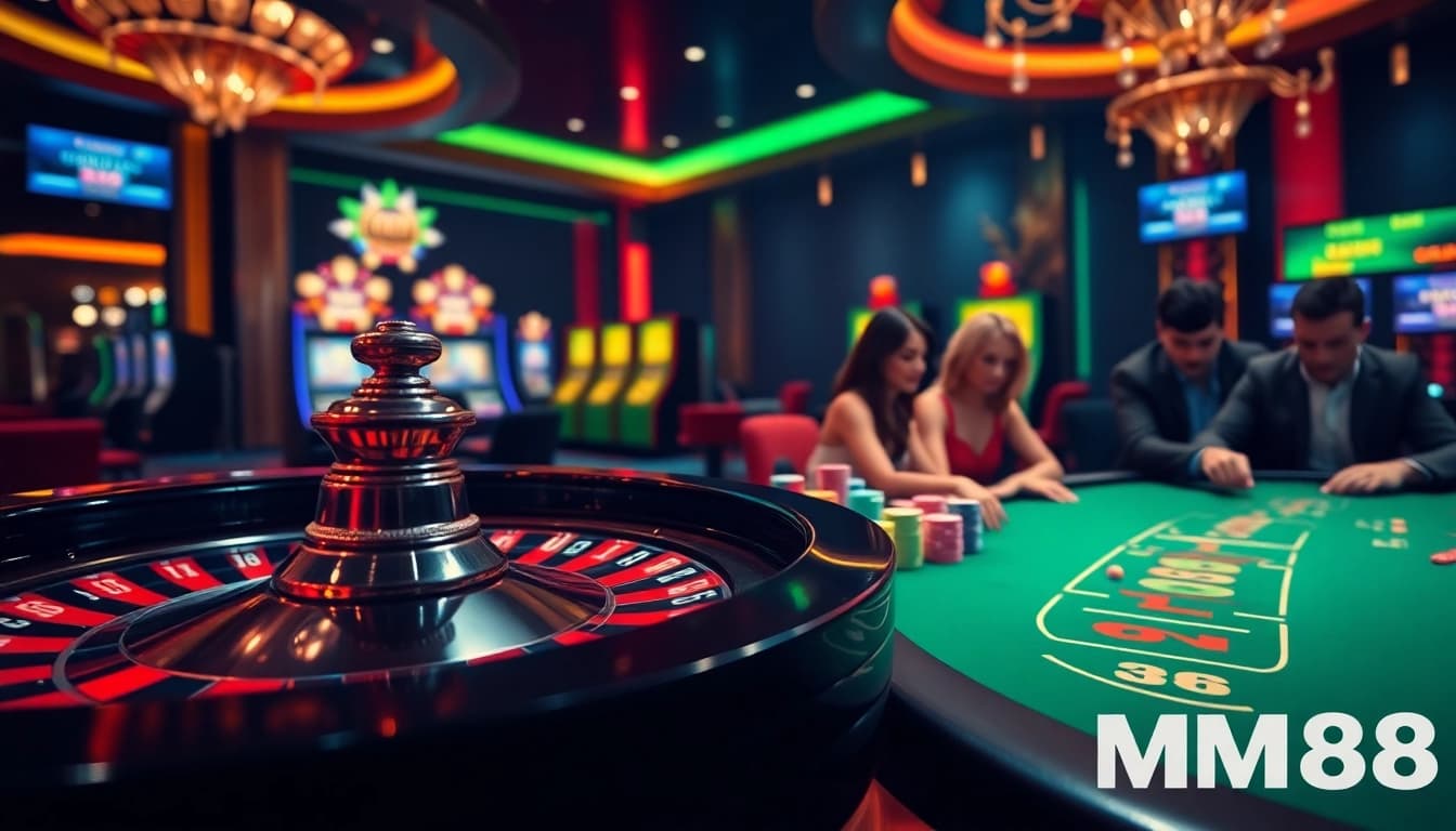 MM88 players enjoy thrilling online casino games at a vibrant digital blackjack table.
