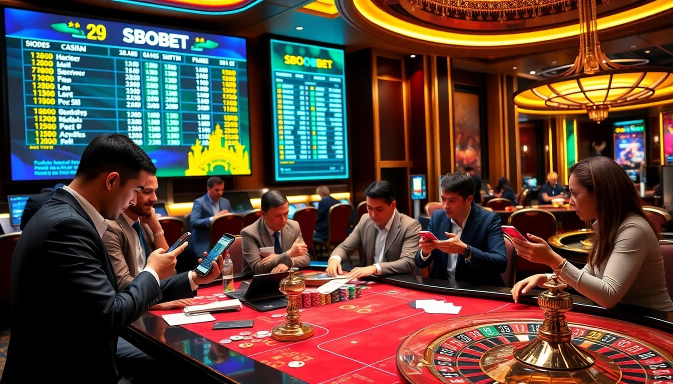 SBOBET betting table with colorful chips and live odds display in a luxurious casino environment.