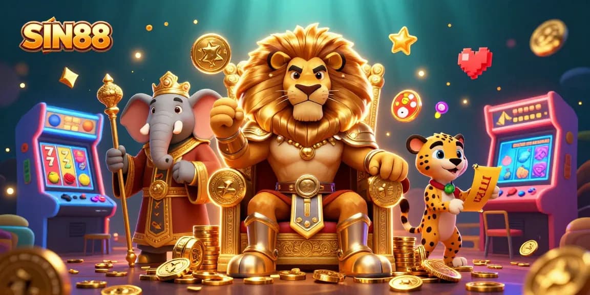 SIN88 showcases a lively casino scene with a lion king, elephant advisor, and cheetah messenger amidst slot reels and colorful arcade elements.
