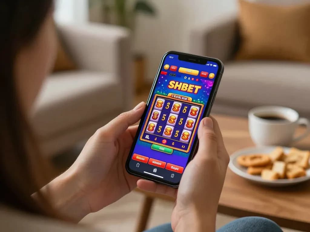 Engaging with the SHBET casino app on a smartphone, reflecting strategic mobile gaming experience.