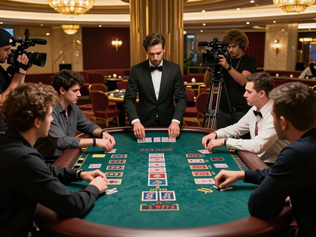 Nohu90 players strategizing at a blackjack table in a luxurious casino setting.